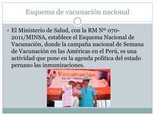 Esquema de vacunación nacional

 El Ministerio de Salud, con la RM Nº 070-
 2011/MINSA, establece el Esquema Nacional de
 Vacunación, donde la campaña nacional de Semana
 de Vacunación en las Américas en el Perú, es una
 actividad que pone en la agenda política del estado
 peruano las inmunizaciones.
 