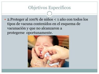 Objetivos Específicos

 2.Proteger al 100% de niños < 1 año con todos los
 tipos de vacuna contenidos en el esquema de
 vacunación y que no alcanzaron a
 protegerse oportunamente.
 