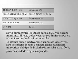 TRIPLE VIRICA    S.C.   Sarampion S.C.

POLIO ATENUADA ORAL POLIO INACTIVADA IM

HEPATITIS B y A IM      Pentavalente IM

BCG Y RABIA ID          Neumococo IM

DTP IM                  Td IM


  La vía intradérmica se utiliza para la BCG y la vacuna
  antirrábica. El resto de las vacunas se administra por vía
  subcutánea profunda o intramuscular.
  -El alcohol puede inactivar las vacunas de virus vivos.
  Para desinfectar la zona de inoculación se aconsejan
  antisépticos del tipo de la clorhexidina rebajada al 20 %,
  povidona yodada o agua oxigenada.
 