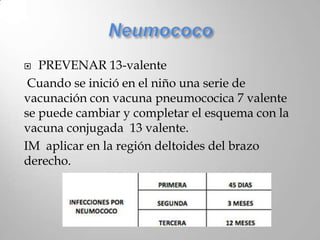  PREVENAR 13-valente
 Cuando se inició en el niño una serie de
vacunación con vacuna pneumococica 7 valente
se puede cambiar y completar el esquema con la
vacuna conjugada 13 valente.
IM aplicar en la región deltoides del brazo
derecho.
 