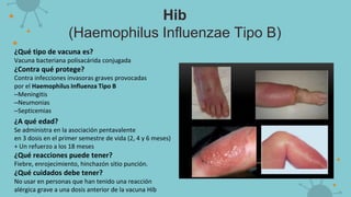 Hib
(Haemophilus Influenzae Tipo B)
¿Qué tipo de vacuna es?
Vacuna bacteriana polisacárida conjugada
¿Contra qué protege?
Contra infecciones invasoras graves provocadas
por el Haemophilus Influenza Tipo B
–Meningitis
–Neumonias
–Septicemias
¿A qué edad?
Se administra en la asociación pentavalente
en 3 dosis en el primer semestre de vida (2, 4 y 6 meses)
+ Un refuerzo a los 18 meses
¿Qué reacciones puede tener?
Fiebre, enrojecimiento, hinchazón sitio punción.
¿Qué cuidados debe tener?
No usar en personas que han tenido una reacción
alérgica grave a una dosis anterior de la vacuna Hib
 
