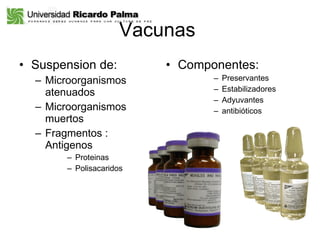 Vacunas  Suspension de: Microorganismos atenuados Microorganismos muertos Fragmentos : Antigenos Proteinas Polisacaridos  Componentes: Preservantes  Estabilizadores  Adyuvantes  antibióticos 
