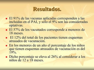 Resultados.
   El 91% de las vacunas aplicadas corresponden a las
    incluidas en el PAI, y sólo el 9% son las consideradas
    optativas.
   El 57% de los vacunados corresponde a menores de
    18 meses.
    El 12% del total de los pacientes tienen esquemas
    atrasados de vacunación.
   En los menores de un año el porcentaje de los niños
    que tienen esquemas atrasados de vacunación es del
    19%.
   Dicho porcentaje se eleva al 26% al considerar a los
    niños de 12 a 18 meses.
 