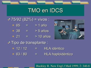 TMO en IDCS 75/92 (82%) = vivos : 65 = > 1 año 38 = > 5 años 21 = > 10 años Tipo de transplante : 12 / 12  = HLA idéntico 63 / 80 = HLA haploidéntico Buckley R. New Engl J Med 1999; 2: 340-8 