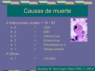 Causas de muerte Infecciones virales = 15 / 92 : 6 = CMV 3 = EBV 2 = Adenovirus 2 = Enterovirus 1 = Parainfluenza 3 1 = Herpes simple Otros : 1 = Cándida Buckley R. New Engl J Med 1999; 2: 340-8 