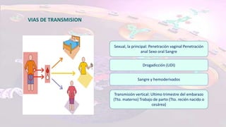 VIAS DE TRANSMISION
Sexual, la principal: Penetración vaginal Penetración
anal Sexo oral Sangre
Drogadicción (UDI)
Sangre y hemoderivados
Transmisión vertical: Ultimo trimestre del embarazo
(Tto. materno) Trabajo de parto (Tto. recién nacido o
cesárea)
 