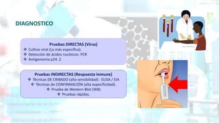DIAGNOSTICO
Pruebas DIRECTAS (Virus)
 Cultivo viral (La más específica).
 Detección de ácidos nucleicos: PCR
 Antigenemia p24. 2
Pruebas INDIRECTAS (Respuesta inmune)
 Técnicas DE CRIBADO (alta sensibilidad) : ELISA / EIA
 Técnicas de CONFIRMACIÓN (alta especificidad).
 Prueba de Western Blot (WB)
 Pruebas rápidas.
 