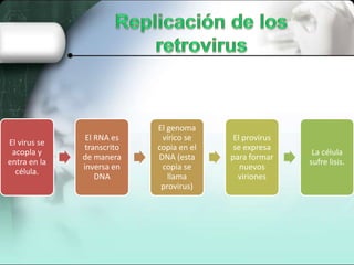 El virus se
acopla y
entra en la
célula.
El RNA es
transcrito
de manera
inversa en
DNA
El genoma
vírico se
copia en el
DNA (esta
copia se
llama
provirus)
El provirus
se expresa
para formar
nuevos
viriones
La célula
sufre lisis.
 