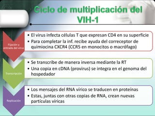 Fijación y
entrada del virus
• El virus infecta células T que expresan CD4 en su superficie
• Para completar la inf. recibe ayuda del correceptor de
quimiocina CXCR4 (CCR5 en monocitos o macrófago)
Transcripción
• Se transcribe de manera inversa mediante la RT
• Una copia en cDNA (provirus) se integra en el genoma del
hospedador
Replicación
• Los mensajes del RNA vírico se traducen en proteínas
• Estas, juntas con otras copias de RNA, crean nuevas
partículas víricas
 