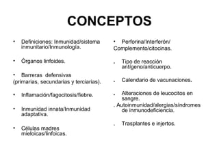 CONCEPTOS
• Definiciones: Inmunidad/sistema
inmunitario/Inmunología.
• Órganos linfoides.
• Barreras defensivas
(primarias, secundarias y terciarias).
• Inflamación/fagocitosis/fiebre.
• Inmunidad innata/Inmunidad
adaptativa.
• Células madres
mieloicas/linfoicas.
• Perforina/Interferón/
Complemento/citocinas.
. Tipo de reacción
antígeno/anticuerpo.
. Calendario de vacunaciones.
. Alteraciones de leucocitos en
sangre.
. Autoinmunidad/alergias/síndromes
de inmunodeficiencia.
. Trasplantes e injertos.
 