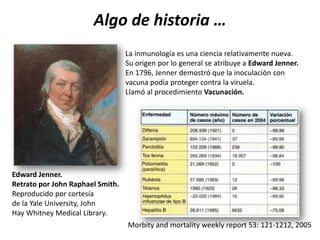 Algo de historia …
                                  La inmunología es una ciencia relativamente nueva.
                                  Su origen por lo general se atribuye a Edward Jenner.
                                  En 1796, Jenner demostró que la inoculación con
                                  vacuna podía proteger contra la viruela.
                                  Llamó al procedimiento Vacunación.




Edward Jenner.
Retrato por John Raphael Smith.
Reproducido por cortesía
de la Yale University, John
Hay Whitney Medical Library.
                                  Morbity and mortality weekly report 53: 121-1212, 2005
 
