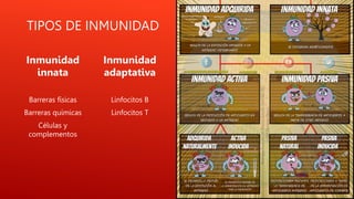 TIPOS DE INMUNIDAD
Inmunidad
innata
Barreras físicas
Barreras químicas
Células y
complementos
Inmunidad
adaptativa
Linfocitos B
Linfocitos T
 