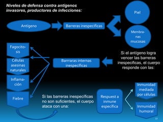 Antígeno Barreras inespecificas
Piel
Membra-
nas
mucosas
Si el antígeno logra
vencer las barreras
inespecificas, el cuerpo
responde con las:
Barrraras internas
inespecíficas
Niveles de defensa contra antígenos
invasores, productores de infecciones:
Fagocito-
sis
Células
asesinas
naturales
Inflama-
ción
Fiebre Si las barreras inespecíficas
no son suficientes, el cuerpo
ataca con una:
Respuest a
inmune
específica
Inmunidad
mediada
por células
Inmunidad
humoral
27
 