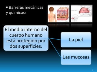  Barreras mecánicas
y químicas:
El medio interno del
cuerpo humano
está protegido por
dos superficies:
La piel
Las mucosas
9
 