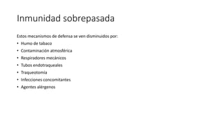 Inmunidad sobrepasada
Estos mecanismos de defensa se ven disminuidos por:
• Humo de tabaco
• Contaminación atmosférica
• Respiradores mecánicos
• Tubos endotraqueales
• Traqueotomía
• Infecciones concomitantes
• Agentes alérgenos
 