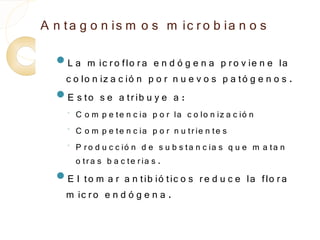 A n ta g o n is m o s m ic r o b ia n o s
  L a   m ic r o flo r a e n d ó g e n a p r o v ie n e la
   c o lo n iz a c ió n p o r n u e v o s p a tó g e n o s .
  E s to s e a tr ib u y e a :
    ◦   C o m p e te n c ia p o r la c o lo n iz a c ió n
    ◦
        C o m p e te n c ia p o r n u tr ie n te s
    ◦   P r o d u c c ió n d e s u b s ta n c ia s q u e m a ta n
        o tr a s b a c te r ia s .
  E l  to m a r a n tib ió tic o s r e d u c e la flo r a
    m ic r o e n d ó g e n a .
 