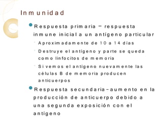 In m u n id a d
  R   e s p u e s ta p r im a r ia – r e s p u e s ta
    in m u n e in ic ia l a u n a n tí g e n o p a r tic u la r
    ◦
        A p r o x im a d a m e n te d e 1 0 a 1 4 d í a s
    ◦   D e s tr u y e e l a n tí g e n o y p a r te s e q u e d a
        c o m o lin fo c ito s d e m e m o r ia
    ◦
        S i v e m o s e l a n tí g e n o n u e v a m e n te la s
        c é lu la s B d e m e m o r ia p r o d u c e n
        a n tic u e r p o s
  R   e s p u e s ta s e c u n d a r ia - a u m e n to e n la
    p r o d u c c ió n d e a n tic u e r p o d e b id o a
    u n a s e g u n d a e x p o s ic ió n c o n e l
    a n tí g e n o
 