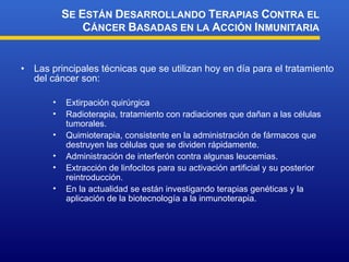 Las principales técnicas que se utilizan hoy en día para el tratamiento del cáncer son: S E  E STÁN  D ESARROLLANDO  T ERAPIAS  C ONTRA EL  C ÁNCER  B ASADAS EN LA  A CCIÓN  I NMUNITARIA Extirpación quirúrgica Radioterapia, tratamiento con radiaciones que dañan a las células tumorales. Quimioterapia, consistente en la administración de fármacos que destruyen las células que se dividen rápidamente. Administración de interferón contra algunas leucemias. Extracción de linfocitos para su activación artificial y su posterior reintroducción. En la actualidad se están investigando terapias genéticas y la aplicación de la biotecnología a la inmunoterapia. 