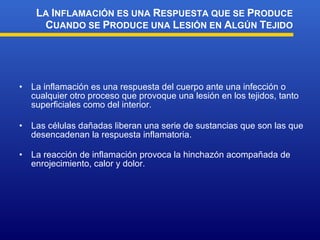 La inflamación es una respuesta del cuerpo ante una infección o cualquier otro proceso que provoque una lesión en los tejidos, tanto superficiales como del interior. Las células dañadas liberan una serie de sustancias que son las que desencadenan la respuesta inflamatoria . La reacción de inflamación provoca la hinchazón acompañada de enrojecimiento, calor y dolor. L A  I NFLAMACIÓN ES UNA  R ESPUESTA QUE SE  P RODUCE  C UANDO SE  P RODUCE UNA  L ESIÓN EN  A LGÚN  T EJIDO 