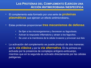 El complemento esta formado por una serie de  proteínas plasmáticas  que ejercen un efecto antimicrobiano . Estas proteínas proporcionan  tres mecanismos de defensa : L AS  P ROTEÍNAS DEL  C OMPLEMENTO  E JERCEN UNA  A CCIÓN  A NTIMICROBIANA  I NESPECÍFICA Se fijan a los microorganismos y favorecen su fagocitosis. Activan la respuesta inflamatoria y atraen a los fagocitos. Se unen a la membrana de la célula invasora y provocan sus lisis La activación del complemento se puede producir de dos maneras: por la  vía clásica  y por la  vía alternativa . En la primera es activada por la presencia de complejos antígeno-anticuerpo, mientras que en la segunda es activado directamente por las células patógenas. 