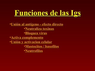 Funciones de las Igs Unión al antígeno - efecto directo Neutraliza toxinas Bloquea virus Activa complemento Unión y activacion celular Mastocitos / basofilos Neutrofilos 