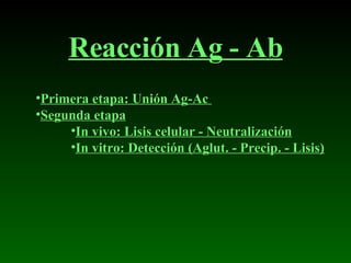 Reacción Ag - Ab Primera etapa: Unión Ag-Ac  Segunda etapa In vivo: Lisis celular - Neutralización In vitro: Detección (Aglut. - Precip. - Lisis) 