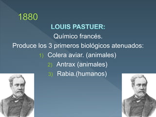 Químico francés.
Produce los 3 primeros biológicos atenuados:
1) Colera aviar. (animales)
2) Antrax (animales)
3) Rabia.(humanos)
 