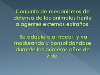 Conjunto de mecanismos de defensa de los animales frente a agentes externos extraños.Se adquiere al nacer, y va madurando y consolidándose durante los primeros años de vida.