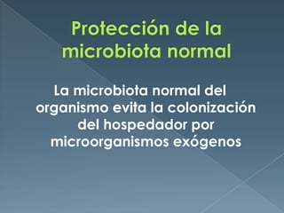 Protección de la microbiota normal<br />La microbiota normal del organismo evita la colonización del hospedador por microo...