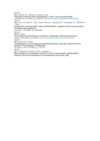Medline
13.K. Mahnke,T.S. Johnson,S. Ring,A.H. Enk
Tolerogenic dendritic cells and regulatory T cells: a two-way relationship
J Dermatol Sci, 46 (2007), pp. 159-167 http://dx.doi.org/10.1016/j.jdermsci.2007.03.002
Medline
14.R. Liu,A. La Cava,X.F. Bai,Y. Jee,M. Price,D.I. Campagnolo,P. Christadoss,T.L. Vollmer,Van
L. Kaer
Cooperation of invariant NK-T cells and CD4+CD25+T regulatory cells in the prevention
of autoimmune myasthenia
J Immunol, 175 (2005), pp. 7898-7904
Medline
15.R.D. Owen
Immunogenetic consequences of vascular anastomoses between bovine twins
Science, 102 (1945), pp. 400-401 http://dx.doi.org/10.1126/science.102.2651.400
Medline
16.F.M. Burnet,F. Fenner
A modification of Jerne's theory of antibody production using the concept of clonal
selection The Production of Antibodies
CA Cancer J Clin, 26 (1976), pp. 119-121
Medline
17.S.T. Ildstad,S.M. Wren,E. Oh,M.L. Hronakes
Mixed allogeneic reconstitution (A+B-A) to induce donor-specific transplantation
tolerance: permanent acceptance of a simultaneous donor skin graft
 