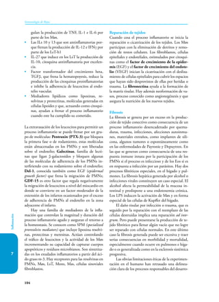 104
Inmunología de Rojas
Inflamación
7
gulan la producción de TNF, IL-1 e IL-6 por
parte de los Møs.
• Las ILs 10 y 13 que son antinflamatorias por-
que frenan la producción de IL-12 e IFNγ por
parte de los LsT-h1
• IL-27 que induce en los LsT la producción de
IL-10, citoquina antinflamatoria por excelen-
cia.
• Factor transformador del crecimiento beta,
TGFβ, que frena la hematopoyesis, reduce la
producción de las citoquinas proinflamatorias
e inhibe la adherencia de leucocitos al endo-
telio vascular.
• Mediadores lipídicos como lipoxinas, re­
solvinas y protectinas, moléculas generadas en
células lipoides y que, actuando como citoqui-
nas, ayudan a frenar el proceso inflamatorio
cuando este ha cumplido su cometido.
La extravasación de los leucocitos para permitir un
proceso inflamatorio se puede frenar por un gru-
po de moléculas: Pentraxin (PTX-3) que bloquea
la primera fase o de rodamiento, estas moléculas
están almacenadas en los PMNs y son liberadas
sobre el endotelio; Galectinas, familia de lecti-
nas que ligan β-galactosidos y bloquen algunas
de las moléculas de adherencia de los PMNs in-
terfiriendo con su rodamiento sobre el endotelio;
Del-1, conocida también como EGF (epidermal
growth factor) que frena la migración de PMNs;
GDF-15 es otro factor que regula negativamente
la migración de leucocitos a nivel del miocardio en
donde se convierte en un factor moderador de la
extensión de los infartos ocasionados por el exceso
de adherencia de PMNs al endotelio en la zona
adyacente el infarto.
Hay una familia de mediadores de la infla-
mación que controlan la magnitud y duración del
proceso inflamatorio agudo y aseguran el retorno a
la homeostasis. Se conocen como SPM (specialized
proresolvin mediators) que incluye lipoxina resolvi-
nas, protectinas y meresinas. Actúan controlando
el tráfico de leucocitos y la actividad de los Møs
incrementando su capacidad de capturar cuerpos
apoptóticos y residuos microbianos. Son sintetiza-
das en los exudados inflamatorios a partir del áci-
do graso ω-3. Hay receptores para las resolvinas en
PMNs, Møs, LsT, Mons, Mas, células sinoviales
fibroblastos.
Reparación de tejidos
Cuando cesa el proceso inflamatorio se inicia la
reparación o cicatrización de los tejidos. Los Møs
participan con la eliminación de detritos y remo-
ción de restos celulares. Los fibroblastos, células
epiteliales y endoteliales, estimulados por citoqui-
nas como el factor de crecimiento de la epider-
mis (EGF) y el factor de crecimiento del endote-
lio (VEGF) inician la cicatrización con el desliza-
miento de células epiteliales para cubrir los espacios
que hayan sido desprovistos de ellas por heridas o
trauma. La fibronectina ayuda a la formación de
la matriz tisular. Hay además neoformación de va-
sos, proceso conocido como angionegénesis y que
asegura la nutrición de los nuevos tejidos.
Fibrosis
La fibrosis se genera por un exceso en la produc-
ción de tejido conectivo como consecuencia de un
proceso inflamatorio desencadenado por quema-
duras, trauma, infecciones, afecciones autoinmu-
nes, materiales extraños, como implantes de sili-
cona, algunos tumores o espontáneamente como
en las enfermedades de Payronie y Depuytren. En
las que se generan como consecuencia de una res-
puesta inmune innata por la participación de los
PMNs si el proceso es infeccioso y de los Eos si es
en respuesta a infección por un parásitos. Hay dos
procesos fibróticos especiales, en el hígado y pul-
mones. La fibrosis hepática generada por alcohol o
infecciones virales constituyen un caso especial. El
alcohol afecta la permeabilidad de la mucosa in-
testinal y predispone a una endotoxemia crónica.
Los LPS inducen la activación de Møs y en forma
especial de las células de Kupffer del hígado.
El daño tisular por infección o trauma, que es
seguido por la reparación con el reemplazo de las
células destruidas implica una reparación ad inte-
grum. Pero puede presentarse la producción de te-
jido fibrótico para llenar algún vacío que no logre
ser reparado con células normales. En este último
caso la fibrosis generada puede ser excesiva y traer
serias consecuencias en morbilidad y mortalidad,
especialmente cuando ocurre en pulmones e híga-
do o es generalizada como en la esclerosis sistémica
progresiva.
Las obvias limitaciones éticas de la experimen-
tación en el humano han retrasado una delinea-
ción clara de los procesos responsables del desarro-
 