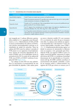 148
Inmunología de Rojas
Linfocitos
T
e
inmunidad
celular
10
está integrada por 3 cadenas diferentes: gamma,
delta y épsilon (γ, δ, ε), agrupadas como heterodí-
meros γ, ε o δ, ε. Adicionalmente al CD3, el TCR
se asocia a un homodímero de cadenas ζ (CD247),
cuya porción intracitoplasmática participa en la
transmisión de señales de activación. Tanto las
cadenas del CD3 como las cadenas ζ asociadas al
TCR poseen en sus segmentos intracitoplasmás-
ticos, motivos de activación dependientes de ti-
rosina (ITAMs), que al ser fosforilados inician la
activación de los LsT. La unión de las cadenas del
TCR, con el CD3 y el CD247 conforma el com-
plejo del TCR (figura 10-2).
Las cadenas αβ del TCR son muy polimór-
ficas, lo cual favorece el reconocimiento de una
gran diversidad de péptidos. Cada cadena posee
un sector o dominio variable (V), uno constante
(C) y un dominio de unión (J) que se interpone
entre ellos. La cadena β tiene además un segmen-
to de diversidad (D). Cada dominio V tiene tres
sectores hipervariables conocidos como CDR-1,
-2 y -3 (complementarity-determining regions) en
donde la secuencia de aminoácidos es diferente
entre un receptor y otro, generando gran diver-
sidad de TCRs. Las regiones CDR3 se unen a la
región central del péptido, representan la región
más diversa del TCR y se consideran el principal
determinante de la especificidad en el reconoci-
miento del Ag. El CDR1 también contribuye al
reconocimiento del péptido, uniéndolo a través
de sus extremos amino y carboxi-terminal. Las
regiones del TCR que entran en contacto con el
Características Definición
Especificidad antigénica Cada LT posee un receptor que reconoce un Ag determinado.
Diversidad
Desde el nacimiento poseemos LT específicos para cada uno de los Ag con los cuales posible-
mente entraremos en contacto a lo largo de la vida.
Expansión clonal
Cuando un LT es activado por el Ag correspondiente inicia un proceso de proliferación que
genera muchos LT con el mismo receptor.
Especialización
Los LT vírgenes al ser activados por un Ag dan origen a las siguientes subpoblaciones con
funciones definidas: Th1, Th2, Th9, Treg, Th17, Th22, TLfh, LTctx.
Memoria
Los LT guardan memoria del primer encuentro con su Ag desarrollando LT con un fenotipo
especial que ante una segunda exposición al mismo Ag reaccionarán de inmediato e iniciarán
una pronta y amplia respuesta contra él.
Tabla 10-1. Características de la inmunidad celular adquirida.
Figura 10-1. Principales moléculas de membrana de los LsT y diferentes subpoblaciones.
Reconocimiento del
Ag y señalización
Correceptores para el HLA
Moléculas de adhesión
Fin de
la activación
Moléculas
co-estimuladoras
Receptores de membrana
Función
CD4/CD8
CD28
CD2
LFA-1
L-Selectina
CTLA-4
LT
CD40L
CD247
TCRαβ
CD3
Subpoblaciones
Th-1
Th-2
Th-9
Th-22
LTreg
Th-17
LTfh
LTCtx
 