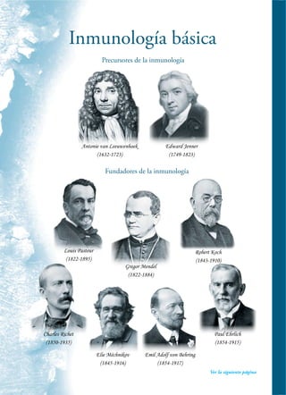 Inmunología básica
Precursores de la inmunología
Fundadores de la inmunología
Antonie van Leeuwenhoek
(1632-1723)
Edward Jenner
(1749-1823)
Louis Pasteur
(1822-1895)
Charles Richet
(1850-1935)
Elie Méchnikov
(1845-1916)
Emil Adolf von Behring
(1854-1917)
Ver la siguiente página
Paul Ehrlich
(1854-1915)
Robert Koch
(1843-1910)
Gregor Mendel
(1822-1884)
 