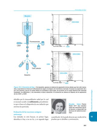 265
Inmunología de Rojas
Evaluación
del
estado
inmunológico
18
sificables por la inmunodifusión radial por lo cual
es necesario acudir a la nefelometría, procedimien-
to que se basa en la dispersión de una radiación que
atraviesa las partículas.
Evaluación de las reacciones antígeno
anticuerpo
Los métodos in vitro buscan, en primer lugar,
identificar si hay o no un Ac, y en segundo lugar
cuantificarlo. Se le puede detectar por medio de las
pruebas que se detallan a continuación.
Figura 18-2. Citometría de flujo. A la izquierda, aparece el sistema de separación de las células que han sido marca-
das y cuya lectura se hace por la fluorescencia según el antígeno de membrana marcada. Al pasar la suspensión de L
por una columna, que en su parte inferior es sometida a rayos láser, de acuerdo con la carga eléctrica del colorante
empleado, los diferentes L, son desviados a tubos colectores. A la derecha se observa el aspecto de la separación
de los CD4+ y CD8+.
CD4
CD3+CD4
CD3+CD4–
CD3+CD8+
CD3+CD8–
CD3
CD3
CD8
Muestra
Láser
Fluorescencias
Desecho
Tubo colector
Rosalba Yalow. Premio
Nobel 1977. Sus estudios
sobre las reacciones Ag-Ac
la llevaron a desarrollar las
técnicas de radioinmunoen-
sayo.
 