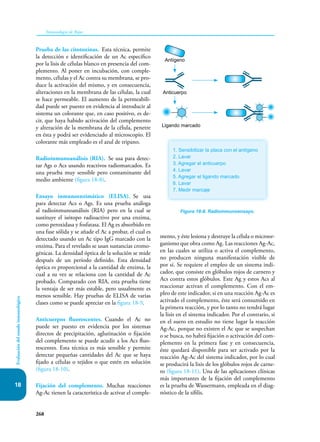 268
Inmunología de Rojas
Evaluación
del
estado
inmunológico
18
Prueba de las citotoxinas. Esta técnica, permite
la detección e identificación de un Ac específico
por la lisis de células blanco en presencia del com-
plemento. Al poner en incubación, con comple-
mento, células y el Ac contra su membrana, se pro-
duce la activación del mismo, y en consecuencia,
alteraciones en la membrana de las células, la cual
se hace permeable. El aumento de la permeabili-
dad puede ser puesto en evidencia al introducir al
sistema un colorante que, en caso positivo, es de-
cir, que haya habido activación del complemento
y alteración de la membrana de la célula, penetre
en ésta y podrá ser evidenciado al microscopio. El
colorante más empleado es el azul de tripano.
Radioinmunoanálisis (RIA). Se usa para detec-
tar Ags o Acs usando reactivos radiomarcados. Es
una prueba muy sensible pero contaminante del
medio ambiente (figura 18-8).
Ensayo inmunoenzimático (ELISA). Se usa
para detectar Acs o Ags. Es una prueba análoga
al radioinmunoanálisis (RIA) pero en la cual se
sustituye el isótopo radioactivo por una enzima,
como peroxidasa y fosfatasa. El Ag es absorbido en
una fase sólida y se añade el Ac a probar, el cual es
detectado usando un Ac tipo IgG marcado con la
enzima. Para el revelado se usan sustancias cromo-
génicas. La densidad óptica de la solución se mide
después de un período definido. Esta densidad
óptica es proporcional a la cantidad de enzima, la
cual a su vez se relaciona con la cantidad de Ac
probado. Comparado con RIA, esta prueba tiene
la ventaja de ser más estable, pero usualmente es
menos sensible. Hay pruebas de ELISA de varias
clases como se puede apreciar en la figura 18-9.
Anticuerpos fluorescentes. Cuando el Ac no
puede ser puesto en evidencia por los sistemas
directos de precipitación, aglutinación o fijación
del complemento se puede acudir a los Acs fluo-
rescentes. Esta técnica es más sensible y permite
detectar pequeñas cantidades del Ac que se haya
fijado a células o tejidos o que estén en solución
(figura 18-10).
Fijación del complemento. Muchas reacciones
Ag-Ac tienen la característica de activar el comple-
mento, y éste lesiona y destruye la célula o microor-
ganismo que obra como Ag. Las reacciones Ag-Ac,
en las cuales se utiliza o activa el complemento,
no producen ninguna manifestación visible de
por sí. Se requiere el empleo de un sistema indi-
cador, que consiste en glóbulos rojos de carnero y
Acs contra estos glóbulos. Este Ag y estos Acs al
reaccionar activan el complemento. Con el em-
pleo de este indicador, si en una reacción Ag-Ac es
activado el complemento, éste será consumido en
la primera reacción, y por lo tanto no tendrá lugar
la lisis en el sistema indicador. Por el contrario, si
en el suero en estudio no tiene lugar la reacción
Ag-Ac, porque no existen el Ac que se sospechan
o se busca, no habrá fijación o activación del com-
plemento en la primera fase y en consecuencia,
éste quedará disponible para ser activado por la
reacción Ag-Ac del sistema indicador, por lo cual
se producirá la lisis de los glóbulos rojos de carne-
ro (figura 18-11). Una de las aplicaciones clínicas
más importantes de la fijación del complemento
es la prueba de Wassermann, empleada en el diag-
nóstico de la sífilis.
Figura 18-8. Radioinmunoensayo.
Antígeno
Anticuerpo
Ligando marcado
1. Sensibilizar la placa con el antígeno
2. Lavar
3. Agregar el anticuerpo
4. Lavar
5. Agregar el ligando marcado
6. Lavar
7. Medir marcaje
 