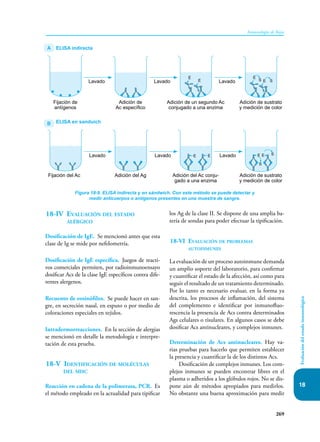 269
Inmunología de Rojas
Evaluación
del
estado
inmunológico
18
18-IV Evaluación del estado
alérgico
Dosificación de IgE. Se mencionó antes que esta
clase de Ig se mide por nefelometría.
Dosificación de IgE específica. Juegos de reacti-
vos comerciales permiten, por radioinmunoensayo
dosificar Acs de la clase IgE específicos contra dife-
rentes alergenos.
Recuento de eosinófilos. Se puede hacer en san-
gre, en secreción nasal, en esputo o por medio de
coloraciones especiales en tejidos.
Intradermorreacciones. En la sección de alergias
se mencionó en detalle la metodología e interpre-
tación de esta prueba.
18-V Identificación de moléculas
del mhc
Reacción en cadena de la polimerasa, PCR. Es
el método empleado en la actualidad para tipificar
los Ag de la clase II. Se dispone de una amplia ba-
tería de sondas para poder efectuar la tipificación.
18-VI Evaluación de problemas
autoinmunes
La evaluación de un proceso autoinmune demanda
un amplio soporte del laboratorio, para confirmar
y cuantificar el estado de la afección, así como para
seguir el resultado de un tratamiento determinado.
Por lo tanto es necesario evaluar, en la forma ya
descrita, los procesos de inflamación, del sistema
del complemento e identificar por inmunofluo-
rescencia la presencia de Acs contra determinados
Ags celulares o tisulares. En algunos casos se debe
dosificar Acs antinucleares, y complejos inmunes.
Determinación de Acs antinucleares. Hay va-
rias pruebas para hacerlo que permiten establecer
la presencia y cuantificar la de los distintos Acs.
Dosificación de complejos inmunes. Los com-
plejos inmunes se pueden encontrar libres en el
plasma o adheridos a los glóbulos rojos. No se dis-
pone aún de métodos apropiados para medirlos.
No obstante una buena aproximación para medir
Figura 18-9. ELISA indirecta y en sándwich. Con este método se puede detectar y
medir anticuerpos o antígenos presentes en una muestra de sangre.
E E
E
E E
E
S S
E
S
S
E
A
B
ELISA indirecta
ELISA en sanduich
Fijación de
antígenos
Fijación del Ac
Adición de
Ac específico
Adición del Ag
Adición de un segundo Ac
conjugado a una enzima
Adición del Ac conju-
gado a una enzima
Adición de sustrato
y medición de color
Adición de sustrato
y medición de color
Lavado
Lavado
Lavado
Lavado
Lavado
Lavado
 