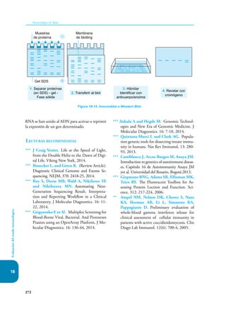 272
Inmunología de Rojas
Evaluación
del
estado
inmunológico
18
RNA se han unido al ADN para activar o reprimir
la expresión de un gen determinado.
Lecturas recomendadas
*** J Craig Venter. Life at the Speed of Light,
from the Double Helix to the Dawn of Digi-
tal Life, Viking New York, 2014.
*** Biesecker L, and Green R. (Review Article).
Diagnostic Clinical Genome and Exome Se-
quencing. NEJM, 370: 2418-25, 2014.
*** Roy S, Durse MB, Wald A, Nikiforov YE
and Nikiforova MN. Automating Next-
Generation Sequencing Result. Interpreta-
tion and Reporting Workflow in a Clinical
Laboratory. J Molecular Diagnostics. 16: 11-
22, 2014.
*** Grigorenko E et Al. Multiplex Screening for
Blood-Borne Viral, Bacterial. And Protozoan
Prasites using an OpenArray Platform. J Mo-
lecular Diagnostics. 16: 136-44, 2014.
*** Ankala A and Hegde M. Genomic Technol-
ogies and New Era of Genomic Medicine. J
Molecular Diagnostics. 16: 7-10, 2014.
*** Quintana-Murci L and Clark AG. Popula-
tion genetic tools for dissecting innate immu-
nity in humans. Nat Rev Immunol, 13: 280-
93, 2013.
*** Castiblanco J, Arcos-Burgos M, Anaya JM.
Introduction to genetics of autoimmune diseas-
es. Capítulo 16 de Autoimmunity Anaya JM
yet al. Universidad del Rosario, Bogotá 2013.
*** Giepmons BNG, Adams SR, Ellisman MK,
Tsien RY. The Fluorescent Toolbox for As-
sessing Protein Loction and Function. Sci-
ence. 312: 217-224, 2006.
** Ampel NM, Nelson DK, Chavez S, Naus
KA, Herman AB, Li L, Simmons KA,
Pappagianis D. Preliminary evaluation of
whole-blood gamma interferon release for
clinical assessment of cellular immunity in
patients with active coccidioidomycosis. Clin
Diagn Lab Immunol. 12(6): 700-4, 2005.
Figura 18-12. Inmunoblot o Western Blot.
1. Separar proteínas
(en SDS) - gel -
Fase sólida
3. Hibridar
Identificar con
anticuerpo/enzima
4. Revelar con
cromógeno
2. Transferir al blot
Membrana
de blotting
–
+
Muestras
de proteína
Gel SDS
 