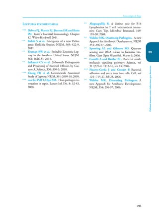 293
Inmunología de Rojas
Defensa
inmune
contra
infecciones
por
bacterias
20
Lecturas recomendadas
*** Delves PJ, Martin SJ, Burton DR and Roitt
IM. Roitt´s Essential Immunology. Chapter
12. Wiley-Blavkwell 2011.
** Bobbi S et al. Emergence of a new Patho-
genic Ehrlichia Species. NEJM, 365: 422-9,
2011.
** Truman RW et al. Probable Zoonotic Lep-
rosy in the Southern United States. NEJM.
364: 1626-33, 2011.
** Srikanth CV et al. Salmonella Pathogenesis
and Processing of Secreted Effecors by Cas-
pase-3. Science, 330: 390-3, 2010.
*** Zhang FR et al. Genomewide Associated
Study of Leprosy. NEJM, 361: 2609-18, 2009.
*** van der Poll T, Opal SM. Host-pathogen in-
teraction in sepsis. Lancet Inf. Dis. 8: 32-43,
2008.
** Aluguapallik R. A distinct role for B1b
Lymphocites in T cell independent immu-
nity. Curr. Top. Microbial Immunol. 319:
105-30, 2008.
** Waldor MK. Disarming Pathogens. A new
Approch for Antibiotic Development. NEJM
354: 296-97, 2006.
** Spoering AL and Gilmore MS. Quorum
sensing and DNA release in bacteriae bio-
films. Curr Opin Microbiol. Marzo 6, 2006.
** Camilli A and Bassler BL. Bacterial small-
molecule signaling pathways Scien­
ce, vol
311(5764): 1113-16, feb 24, 2006.
*** Pizarro-Cerda J and Cossart P. Bacterial
adhesion and entry into host cells. Cell, vol
124 : 715-27, feb 24, 2006.
** Waldor MK. Disarming Pathogens. A
new Approch for Antibiotic Development.
NEJM, 354: 296-97, 2006.
 
