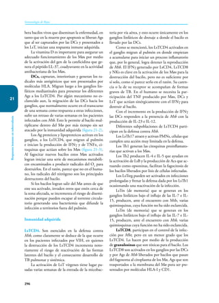 296
Inmunología de Rojas
Respuesta
inmune
en
tuberculosis
21
bera bacilos vivos que diseminan la enfermedad, en
tanto que en la muerte por apoptosis se liberan Ags
que al ser capturados por las DCs y presentados a
los LsT, inician una respuesta inmune adquirida.
La vitamina D es importante para asegurar un
adecuado funcionamiento de los Møs por medio
de la activación del gen de la catelicidina que ge-
nera el péptido LL-37, coadyuvante en la actividad
antibacteriana de los Møs.
DCs, capturan, interiorizan y generan los ra-
dicales más antigénicos que son presentados por
moléculas HLA. Migran luego a los ganglios lin-
fáticos mediastinales para presentar los diferentes
Ags a los LsTCD4. Por algún mecanismo no es-
clarecido aun, la migración de las DCs hacia los
ganglios, que normalmente ocurre en el transcurso
de una semana como respuesta a otras infecciones,
sufre un retraso de varias semanas en los pacientes
infectados con Mtb. Esto le permite al bacilo mul-
tiplicarse dentro del Mø por más tiempo sin ser
atacado por la inmunidad adquirida (figura 21-2).
Los Ag proteicos y lipoproteicos activan en los
ganglios, a los LsTCD4, que migran al pulmón
e inician la producción de IFNγ y de TNFα, ci-
toquinas que actúan sobre los Møs (figura 21-3).
Al fagocitar nuevos bacilos estos Møs activados
logran iniciar una serie de mecanismos metabóli-
cos encaminados a producir radicales del O2
para
destruirlos. En el ratón, parece que no en el huma-
no, los radicales del nitrógeno son los principales
destructores del bacilo.
Si los bacilos logran salir del Mø antes de que
este sea activado, invaden otros que estén cerca de
la zona afectada, se incrementa el riesgo de disemi-
nación porque pueden escapar al torrente circula-
torio generando una bacteriemia que difunde la
infección a territorios fuera del pulmón.
Inmunidad adquirida
LsTCD4. Son esenciales en la defensa contra
Mtb, como claramente se deduce de la que ocurre
en los pacientes infectados por VIH, en quienes
la destrucción de los LsTCD4 incrementa noto-
riamente el riesgo de reactivación de las formas
latentes del bacilo y el consecuente desarrollo de
TB pulmonar y sistémica.
La activación de LsT vírgenes tiene lugar pa-
sadas varias semanas de la entrada de la micobac-
teria por vía aérea, y esto ocurre únicamente en los
ganglios linfáticos de drenaje a donde el bacilo es
llevado por las DCs.
Como se mencionó, los LsTCD4 activados en
el ganglio migran al pulmón en donde empiezan
a acumularse para iniciar un proceso inflamatorio
que, por lo general, logra detener la reproducción
de Mtb. El IFNγ generado por LsCD4, LsTCD8
y NKs es clave en la activación de los Møs para la
destrucción del bacilo, pero no es suficiente por
sí solo, como sí parece serlo en el ratón. Su caren-
cia o la de su receptor se acompañan de formas
graves de TB. En el humano se necesita la par-
ticipación del TNF producido por Møs, DCs y
LsT que actúan sinérgicamente con el IFNγ para
destruir al bacilo.
Con el incremento en la producción de IFNγ
las DCs responden a la presencia de Mtb con la
producción de IL-23 e IL-12.
Diferentes subpoblaciones de LsTCD4 parti-
cipan en la defensa contra Mtb.
Los LsTh17 atraen y activan PMNs, células que
cumplen una acción muy limitada en la defensa.
Los Th1 generan las citoquinas proinflamato-
rias que activan a los Møs.
Los Th2 producen IL-4 e IL-5 que ayudan en
la activación de LsB y la producción de Acs que ac-
tuando como opsoninas, facilitan la fagocitosis de
los bacilos liberados por lisis de células infectadas.
Los LsTreg pueden ser activados en infecciones
prolongadas y frenar la defensa dada por los LsTh1
ocasionando una reactivación de la infección.
LsTm (de memoria) que se generan en los
ganglios linfáticos bajo el influjo de las IL-7 e IL-
15, producen, ante el encuentro con Mtb, varias
quimioquinas, cuya función no ha sido esclarecida.
LsTm (de memoria) que se generan en los
ganglios linfáticos bajo el influjo de las IL-7 e IL-
15, producen, ante el encuentro con Mtb, varias
quimioquinas cuya función no ha sido esclarecida.
LsTCD8, participan en el control de la infec-
ción por Mbt, pero en un menor grado que los
LsTCD4. Lo hacen por medio de la producción
de granulosinas que son tóxicas para el bacilo. Los
LsTCD8 son activados en los ganglios por las DCs
y por Ags de Mtb liberados por bacilos que pasan
del fagosoma al citoplasma de los Mø, Ags que son
trasportados a la membrana del Mø pora ser pre-
sentados por moléculas HLA-I y CD1.
 