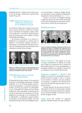 1
12
Inmunología de Rojas
Generalidades
y
definiciones
producida por lisis, no libera enzimas tóxicas, por
lo cual no da lugar a inflamación ni genera daño
tisular. Ver cap. 16.
1-VIII Tráfico de moléculas a
través del citoplasma y
de la membrana celular
La membrana celular tiene receptores que le per-
miten capturar nutrientes y señales de activación
para ser trasmitidas al citoplasma y núcleo,e indu-
cir la producción y secreción de moléculas porta-
doras de mensajes para activar células y sistemas
responsables de la defensa.
Las proteínas sintetizadas en el retículo en-
doplásmico son empacadas en vesículas para ser
llevadas a: los lisosomas, gránulos secretores, o
directamente a la membrana celular para ser secre-
tadas. El citoesqueleto participa activamente en la
movilidad y secreción de las vesículas.
1-IX Métodos para el estudio
del sistema inmune
El desarrollo del sistema inmune se ha nutrido de
la genética, microbiología, bioquímica y biología
molecular. A su vez ha hecho grandes aportes a
las áreas mencionadas y a otras del conocimiento
médico y en forma muy especial a la salud públi-
ca con el desarrollo de vacunas que han salvado
millones de vidas ypermitido la eliminación de
una de las infecciones más aterradoras, la viruela.
Igualmente ha permitido la casi erradicación de
la poliomielitis y posiblemente logrará eliminar
el sarampión en las próximas décadas. Son bien
importantes los aportes de la inmunología al avance
en el conocimiento y manejo de alergias, afeccio-
nes autoinmunes, cáncer, trasplantes, biología de la
reproducción e inmunodeficiencias (figura 1-10).
Gracias a los avances en biología molecular
e ingeniería genética ha sido posible desarrollar
técnicas para comprender los mecanismos del sis-
tema inmune. Veamos las más importantes.
Manipulación de genes
Ratones “knock-out”. Son aquellos en los que
se produce artificialmente la deleción de un gen
para estudiar las consecuencias de la carencia de
determinada proteína. Con este procedimiento se
ha logrado establecer, por ejemplo, la función de
una citoquina o de un receptor determinado.
Organismos transgénicos o “knock-in”. Son
aquellos en los que se ha introducido un gen es-
pecífico. El gen en estudio se aísla y se inserta
en una bacteria o levadura, para que produzca
una citoquina o cualquiera otra proteína de los
centenares de moléculas que participan en la res-
puesta inmune.
El poder disponer de esta clase de ratones fa-
cilita definir la función de determinada molécula
y ha abierto las puertas para aplicaciones terapéu-
ticas en afecciones debidas a la carencia o baja ex-
presión de alguna de ellas.
Terapia génica. Por métodos de ingeniería
genética es factible introducir un gen en determi-
Merecen el Nobel en 2013 por el descubrimiento de la
maquinaria que regula el tráfico de vesículas, importante
sistema de transporte interno de las células.
James E. Rothman Thomas C. Südhof
Randy W. Schekman
Mario R. Capecchi
Sir Martin J. Evans Oliver Smithies
El premio Nobel de Fisiología y Medicina de 2007 les fue
otorgado a M. Evans, O. Smithies y M. Capecchi, por el
desarrollo de métodos para lograr suprimir la expresión
de un gen, introducir uno nuevo en el genoma o modu-
lar la expresión de otros. Estos extraordinarios logros,
obtenidos en experimentación en animales, empiezan a
tener aplicaciones en los humanos.
 
