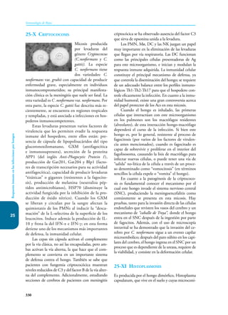 330
Inmunología de Rojas
25
Respuesta
inmune
en
las
infecciones
por
hongos
25-X Criptococosis
Micosis producida
por levaduras del
género Cryptoccocus
(C.neoformans y C.
gattii). La especie
C. neoformans tiene
dos variedades: C.
neoformans var. grubii con capacidad de producir
enfermedad grave, especialmente en individuos
inmunocomprometidos; su principal manifesta-
ción clínica es la meningitis que suele ser fatal. La
otra variedad es C .neoformans var. neoformans. Por
otra parte, la especie C. gattii fue descrita más re-
cientemente, se encuentra en regiones tropicales
y templadas, y está asociada a infecciones en hos-
pederos inmunocompetentes.
Estas levaduras presentan varios factores de
virulencia que les permiten evadir la respuesta
inmune del hospedero, entre ellos están: pre-
sencia de cápsula de lipopolisacáridos del tipo
glucoronoxilomanano, GXM (antifagocítica
e inmunosupresora), secreción de la proteína
APP1 (del inglés Anti-Phagocytic Protein 1),
producción de Gat201, Gat204 y Blp1 (facto-
res de transcripción necesarios para su actividad
antifagocítica), capacidad de producir levaduras
“titánicas” o gigantes (resistentes a la fagocito-
sis), producción de melanina (neutraliza pép-
tidos antimicrobianos), HSP70 (disminuye la
actividad fungicida por la inhibición de la pro-
ducción de óxido nítrico). Cuando los GXM
se liberan y circulan por la sangre afectan la
quimiotaxis de los PMNs al inducir la “desca-
mación” de la L-selectina de la superficie de los
leucocitos. Induce además la producción de IL-
10 y frena la del IFN-α e IFN-γ; en esta forma
detiene uno de los mecanismos más importantes
de defensa, la inmunidad celular.
Las cepas sin cápsula activan el complemento
por la vía clásica, no así las encapsuladas, pero am-
bas activan la vía alterna, la que hace que el com-
plemento se convierta en un importante sistema
de defensa contra el hongo. También se sabe que
pacientes con fungemia criptococócica muestran
niveles reducidos de C3 y del factor B de la vía alter-
na del complemento. Adicionalmente, estudiando
secciones de cerebros de pacientes con meningitis
criptocócica se ha observado ausencia del factor C3
que sirva de opsonina unida a la levadura.
Los PMN, Mø, DC y las NK juegan un papel
muy importante en la eliminación de las levaduras
que llegan por vía respiratoria. Las DC funcionan
como las principales células presentadoras de Ag
para este microorganismo, e inician y modulan la
respuesta inmune adquirida. La inmunidad celular
constituye el principal mecanismo de defensa, ya
que controla la diseminación del hongo; se requiere
de un adecuado balance entre los perfiles inmuno-
lógicos Th1-Th2-Th17 para que el hospedero con-
trole eficazmente la infección. En cuanto a la inmu-
nidad humoral, existe una gran controversia acerca
del papel protector de los Acs en esta micosis.
Cuando el hongo es inhalado, las primeras
células que interactúan con este microorganismo
en los pulmones son los macrófagos residentes
(alveolares), de esta interacción hongo-macrófago
dependerá el curso de la infección. Si bien este
hongo es, por lo general, resistente al proceso de
fagocitosis (por varios de los factores de virulen-
cia antes mencionados), cuando es fagocitado es
capaz de sobrevivir y proliferar en el interior del
fagolisosoma, causando la lisis de macrófago para
infectar nuevas células, o puede tener una vía de
“salida” no-lítica de la célula a través de un proce-
so denominado como “vomocitosis” (en términos
sencillos la célula expele o “vomita” el hongo).
En cuanto a la patogénesis de la criptococo-
sis es fundamental conocer el mecanismo por el
cual este hongo invade el sistema nervioso central
(SNC), produciendo la meningoencefalitis como
comúnmente se presenta en esta micosis. Hay
pruebas, tanto para la invasión directa de las células
endoteliales que revisten los vasos del cerebro y un
mecanismo de “caballo de Troya”, donde el hongo
entra en el SNC después de la ingestión por parte
de fagocitos. Además, con el uso de microscopía
intravital se ha demostrado que la invasión del ce-
rebro por C. neoformans sigue a un evento capilar
microembolico; después del paro súbito en los capi-
lares del cerebro, el hongo ingresa en el SNC por un
proceso que es dependiente de la ureasa, requiere de
la viabilidad, y consiste en la deformación celular.
25-XI Histoplasmosis
Es producida por el hongo dimórfico, Histo­
plas­
ma
capsulatum, que vive en el suelo y cuyas microconi-
 