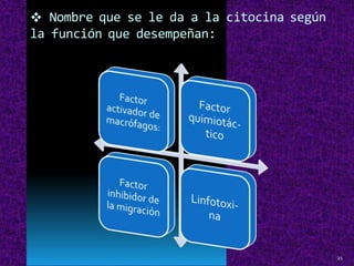 
la
Nombre que se le da a la citocina según
función que desempeñan:
21
 