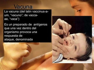 Vacuna
La vacuna (del latin vaccinus-a-
um, “vacuno”; de vacca-
ae, “vaca”)
Es un preparado de antígenos
que una vez dentro del
organismo provoca una
respuesta de
ataque, denominada
anticuerpo
 
