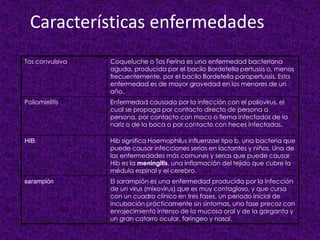 Características enfermedades
Tos convulsiva Coqueluche o Tos Ferina es una enfermedad bacteriana
aguda, producida por el bacilo Bordetella pertussis o, menos
frecuentemente, por el bacilo Bordetella parapertussis. Esta
enfermedad es de mayor gravedad en los menores de un
año.
Poliomielitis Enfermedad causada por la infección con el poliovirus, el
cual se propaga por contacto directo de persona a
persona, por contacto con moco o flema infectados de la
nariz o de la boca o por contacto con heces infectadas.
HIB Hib significa Haemophilus influenzae tipo b, una bacteria que
puede causar infecciones serias en lactantes y niños. Una de
las enfermedades más comunes y serias que puede causar
Hib es la meningitis, una inflamación del tejido que cubre la
médula espinal y el cerebro.
sarampión El sarampión es una enfermedad producida por la infección
de un virus (mixovirus) que es muy contagioso, y que cursa
con un cuadro clínico en tres fases, un período inicial de
incubación prácticamente sin síntomas, una fase precoz con
enrojecimiento intenso de la mucosa oral y de la garganta y
un gran catarro ocular, faringeo y nasal.
 