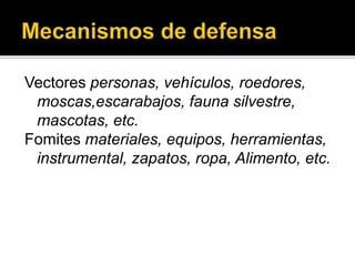 Vectores personas, vehículos, roedores,
moscas,escarabajos, fauna silvestre,
mascotas, etc.
Fomites materiales, equipos, herramientas,
instrumental, zapatos, ropa, Alimento, etc.
 