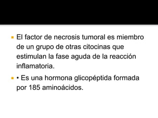  El factor de necrosis tumoral es miembro
de un grupo de otras citocinas que
estimulan la fase aguda de la reacción
inflamatoria.
 • Es una hormona glicopéptida formada
por 185 aminoácidos.
 