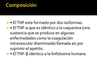  • ElTNF esta formado por dos isoformas:
 • ElTNF-a que es idéntico a la caquexina (una
sustancia que se produce en algunas
enfermedades como la coagulación
intravascular diseminada) llamada asi por
suprimir el apetito.
 • ElTNF-β idéntico a la linfotoxina humana
 