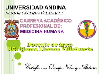 UNIVERSIDAD ANDINA
NÉSTOR CÁCERES VELÁSQUEZ

MEDICINA HUMANA

Docente de área:
MC. Blanca Llerena Villafuerte

 