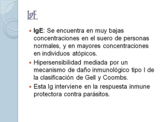 IgE
 IgE: Se encuentra en muy bajas
  concentraciones en el suero de personas
  normales, y en mayores concentraciones
  en individuos atópicos.
 Hipersensibilidad mediada por un
  mecanismo de daño inmunológico tipo I de
  la clasificación de Gell y Coombs.
 Esta Ig interviene en la respuesta inmune
  protectora contra parásitos.
 