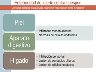 Enfermedad de injerto contra huésped
 Linfocitos del tejido trasplantado reconocen y reaccionan frente al receptor




   Piel
                          • Infiltrados mononucleares
                          • Necrosis de células epiteliales
Aparato
digestivo
                          • Infiltración periportal
Hígado                    • Lesión de conductos biliares
                          • Lesión de células hepáticas
 